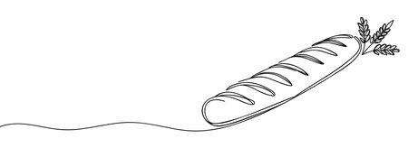 Continuous one line drawing of a bread baguette. Demonstration of baguettes. Bakery dishes. Delicious. National French Bread Day. One line drawing vector illustration.のイラスト素材