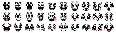 Cartoon and comics characters faces. Traditional emotions vector elements. Vintage characters creator for trending illustrationのイラスト素材