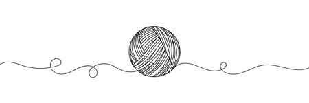 Ball of yarn continuous line sign. Round skein of knitting thread isolated on white background. Merino for knit needles, cotton for crochet. Crafting hobby. Vector sketch symbol for handmade design.のイラスト素材