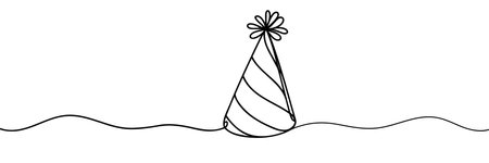 One line party or birthday hat. Happy Birthday, Vector continuous outline isolated illustration for birthday.のイラスト素材