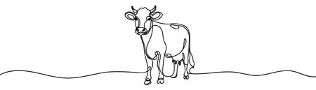 Continuous one line drawing dairy cow. Cattle. Dairy industry. Milk. Side view of a cow. One continuous line isolated minimal illustrationのイラスト素材