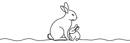 Easter Bunny continuous one line drawing. Easter border with eggs and cute cartoon bunny in continuous line art drawing style. Illustration for Easter with Rabbit Black and white vector.のイラスト素材