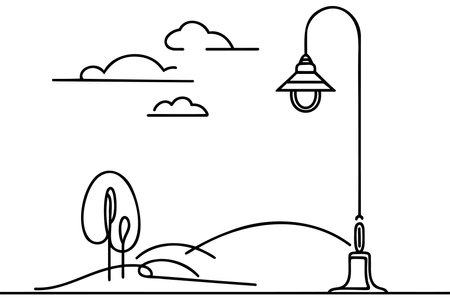 Vector isolated one single retro vintage old street lamp on a pole colorless black and white contour line easy drawing.のイラスト素材
