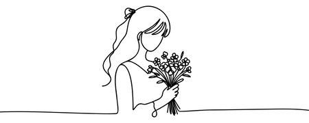 A woman standing with flowers in her hands. International Women's Day, March 8, Mother's Day.のイラスト素材