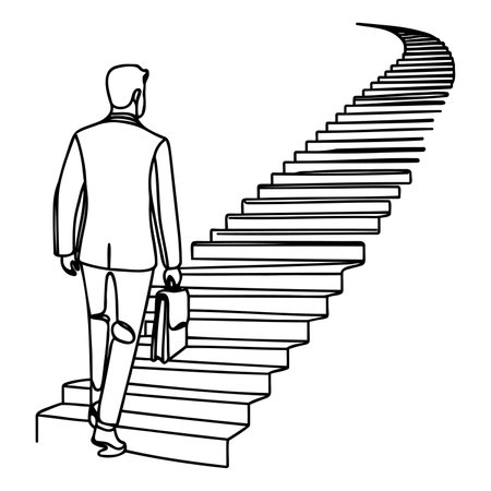 Continuous line drawing businessman with a briefcase in his hand stands at the beginning of the career ladderのイラスト素材