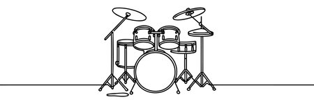 One single line drawing of drum band set, drum kit. Percussion music instruments concept. Trendy continuous line draw design graphic vector illustration.のイラスト素材