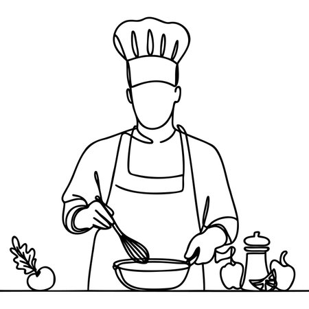 continuous line drawing of chef cooks or makes bread, toque chef hats isolated from white backgroundsのイラスト素材