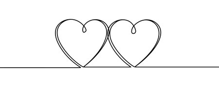 Two hearts, continuous one line drawing. Valentine's Day concept. Hearts pair trendy minimalist illustration. Minimalist outline art. Vector.のイラスト素材