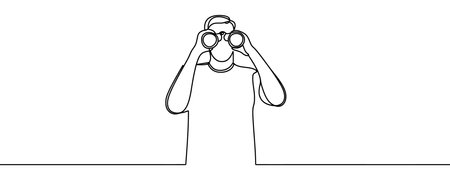 Continuous line drawing of The man looks through binoculars. Search symbol. Template for your design works. Vector illustrationのイラスト素材