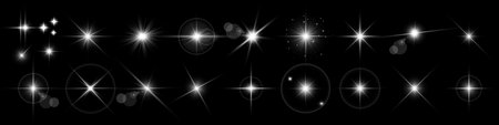 Glowing light bursts with sparkles. Glow light effect set, lens flare, explosion, glitter, line, sun flash, spark and star. Abstract image of lighting flare and white stars. Vector illustration.のイラスト素材