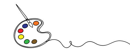 Brush and painting palette with paints. Continuous one line drawing. Vector illustration isolated on white background.のイラスト素材