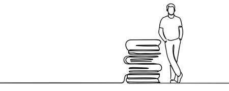 Single continuous line drawing of a young businessman standing near stacks of giant books. Reading is improving his skills in the business world to become a successful entrepreneur. One line design.のイラスト素材