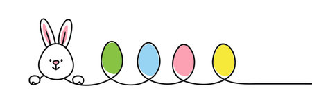 One continuous line drawing of Easter eggs and rabbit. Greeting banner design with bunny and ears in simple linear style. Doodle vector illustration.のイラスト素材