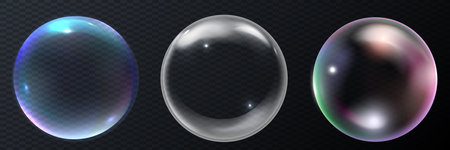 Realistic soap bubble with rainbow colors on black background. vector soap bubble illustration. Soap...