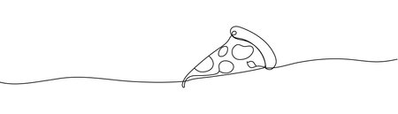 One continuous line pizza slice menu concept. Restaurant food pizzeria icon single line drawing. Hot dinner style vector graphic illustration Editable stroke.のイラスト素材