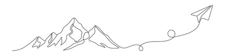 Paper plane and mountain in One Continuous line drawing. Minimalistic concept of world travel and international flight airline in simple linear style. Editable strokeのイラスト素材