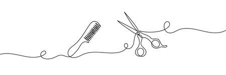 Scissor and comb continuous one line drawing vector illustration, Set of scissors and comb one line...