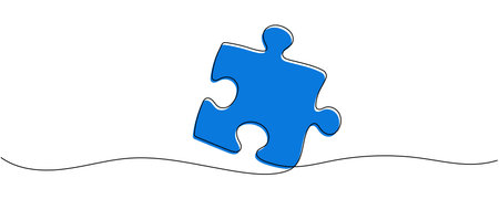Continuous single line drawing of puzzle piece. Problem solving and solution business metaphor. One line drawing of puzzle piece for idea, business, thinking process Editable stroke.のイラスト素材