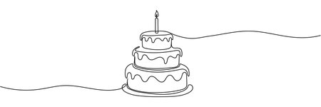 Continuous line drawing of a birthday cake with candle,Continuous Line Drawing of Happy Birthday Icon. Editable stroke.のイラスト素材
