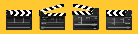 Clapper board vector icon set. Opened and closed movie clapper film clap board. Movie, cinema, film symbol concept. Director clapboard. Filmmaking, video production industry equipmentのイラスト素材