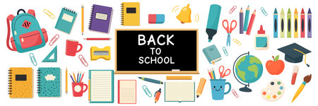 Set of school supplies and education stickers. Back to school. Backpack, book, globe, paints, ruler, pen, pencil, calculator, brushes, glue. Perfect for prints cards paper crafts scrapbookingのイラスト素材