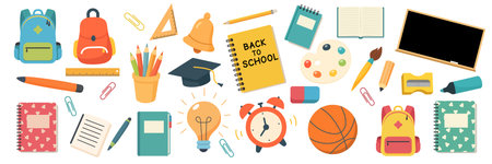 Set of school supplies and education stickers. Back to school. Backpack, book, globe, paints, ruler, pen, pencil, calculator, brushes, glue. Perfect for prints cards paper crafts scrapbookingのイラスト素材