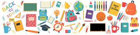 Set of school supplies and education stickers. Back to school. Backpack, book, globe, paints, ruler, pen, pencil, calculator, brushes, glue. Perfect for prints cards paper crafts scrapbookingのイラスト素材
