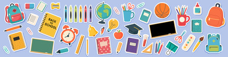Set of school supplies and education stickers. Back to school. Backpack, book, globe, paints, ruler, pen, pencil, calculator, brushes, glue. Perfect for prints cards paper crafts scrapbookingのイラスト素材