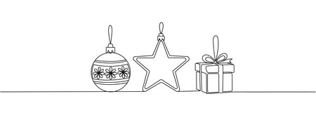 One line drawing Christmas tree toys Black and white continuous line Merry Christmas banner, minimalist style. Editable stroke.のイラスト素材