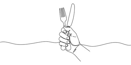 Hands holding knife and fork in fist drawn with continuous line in minimalism, waiting for food, eating activity concept, table setting, cutlery, one line, Editable vector contour.のイラスト素材