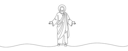 Continuous line of Jesus reaching out and giving love.one line drawing of the Lord Jesus giving love to the people. Single line vector illustration. Editable stroke.のイラスト素材