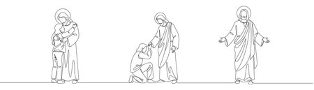 continuous line of Jesus reaching out and giving love.one line drawing of the Lord Jesus giving love to the people.single line vector illustration.isolated white background Editable stroke.のイラスト素材