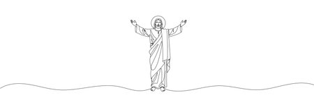 Continuous line of Jesus reaching out and giving love.one line drawing of the Lord Jesus giving love to the people. Single line vector illustration. Editable stroke.のイラスト素材