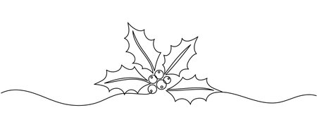 Holly berry drawn by one line. Floral sketch. Continuous line drawing mistletoe. Simple vector illustration Editable stroke.のイラスト素材