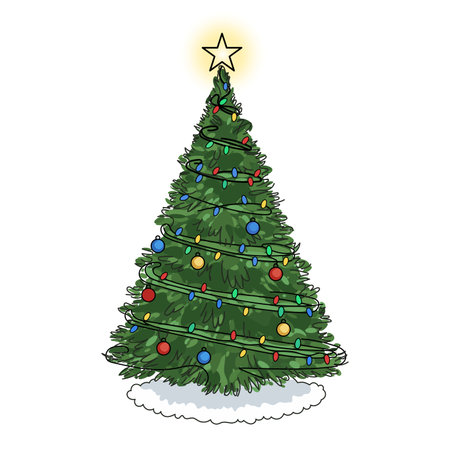 Decorated Christmas tree, pine tree a star, lights, decoration balls and lamps. Merry Christmas and happy New Year. Vector illustrationのイラスト素材