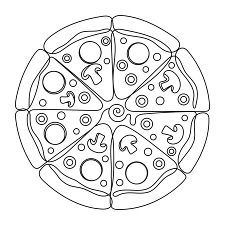 One line Drawing or illustration of slice of pizza with pepperoni and mushrooms, Continuous single line drawing of delicious sliced cheese pizza design outline vector illustration Editable stroke.のイラスト素材