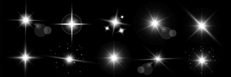 Glowing light bursts with sparkles. Glow light effect set, lens flare, explosion, glitter, line, sun...