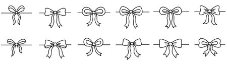 Hand drawn bow collection. Black doodled ribbon bows set. Outline bow elements pack for gift, present, package decoration. Sketch tied knots bundle. Vector Editable stroke.のイラスト素材