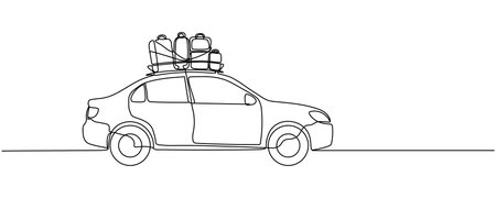 Single continuous line drawing car carrying a lot of luggage on the roof rack. Family car for long road trips. National Road Trip Day. One line design vector illustration Editable stroke.のイラスト素材