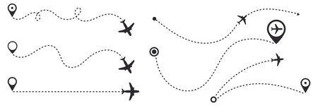The flight path of the aircraft from the point of location along the dotted line. Flight route from a waypoint with an airplane. isolated on white and black background. Vector files EPS 10のイラスト素材