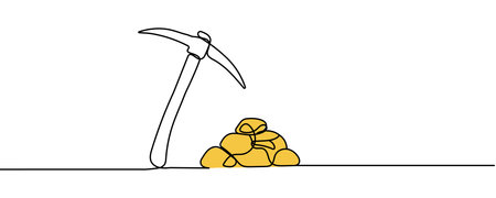 Continuous line drawing miner's pickaxe and gold. Editable stroke.