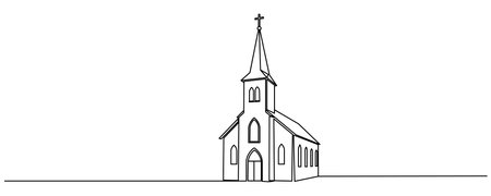 Continuous one line drawing of church icon ,Church Single continuous line illustration. Outline sketch. Editable stroke.のイラスト素材