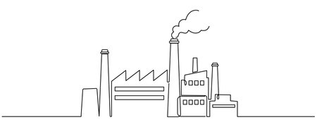 Continuous Single Line Drawing of Factory Building Simple Sketch Isolated on White Background. Industrial Factory Minimalist Simple Linear Vector Illustration for Business Design. Editable stroke.のイラスト素材
