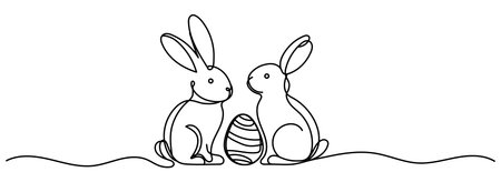 Easter Bunny continuous one line drawing. Easter border with eggs and cute cartoon bunny in continuous line art drawing style. Editable strokeのイラスト素材
