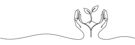Hands hold sprout continuous line drawing. Plant in human arm one line art. Vector illustration isolated on white, Sprout in Hands Continuous Line Icon, Single continuous line of hands holding. Editable stroke.のイラスト素材