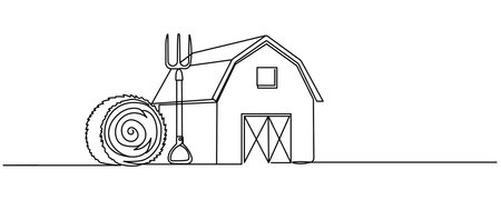 Bales with hay and pitchforks on a white background. Vector illustration in cartoon style on the theme of farm and agriculture. Editable stroke.のイラスト素材