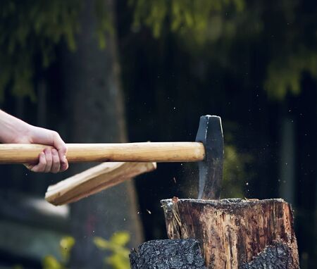 The axe, held in his hands, cuts a log, shattered into pieces and chips, standing on a stump in the...