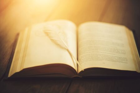 An old hardcover book lies open on a wooden plank table, and on it lies a very light pen,...