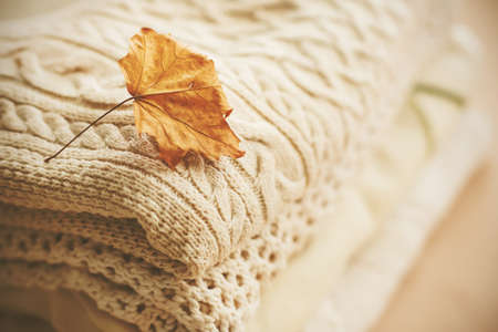 A stack of light warm cozy soft sweaters with patterns on top of which is a dry red maple leaf. Autumn.の写真素材