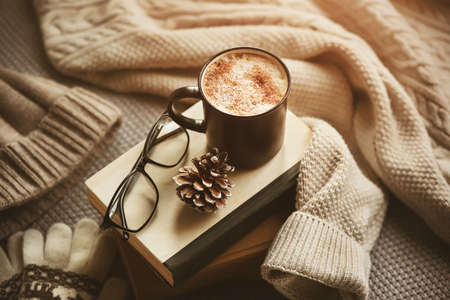 There are warm clothes for the winter - gloves, a sweater and a cap, and near them is a stack of books, on which are glasses, a fir cone and a mug with a coffee with cinnamon. Home Christmas comfort.の写真素材